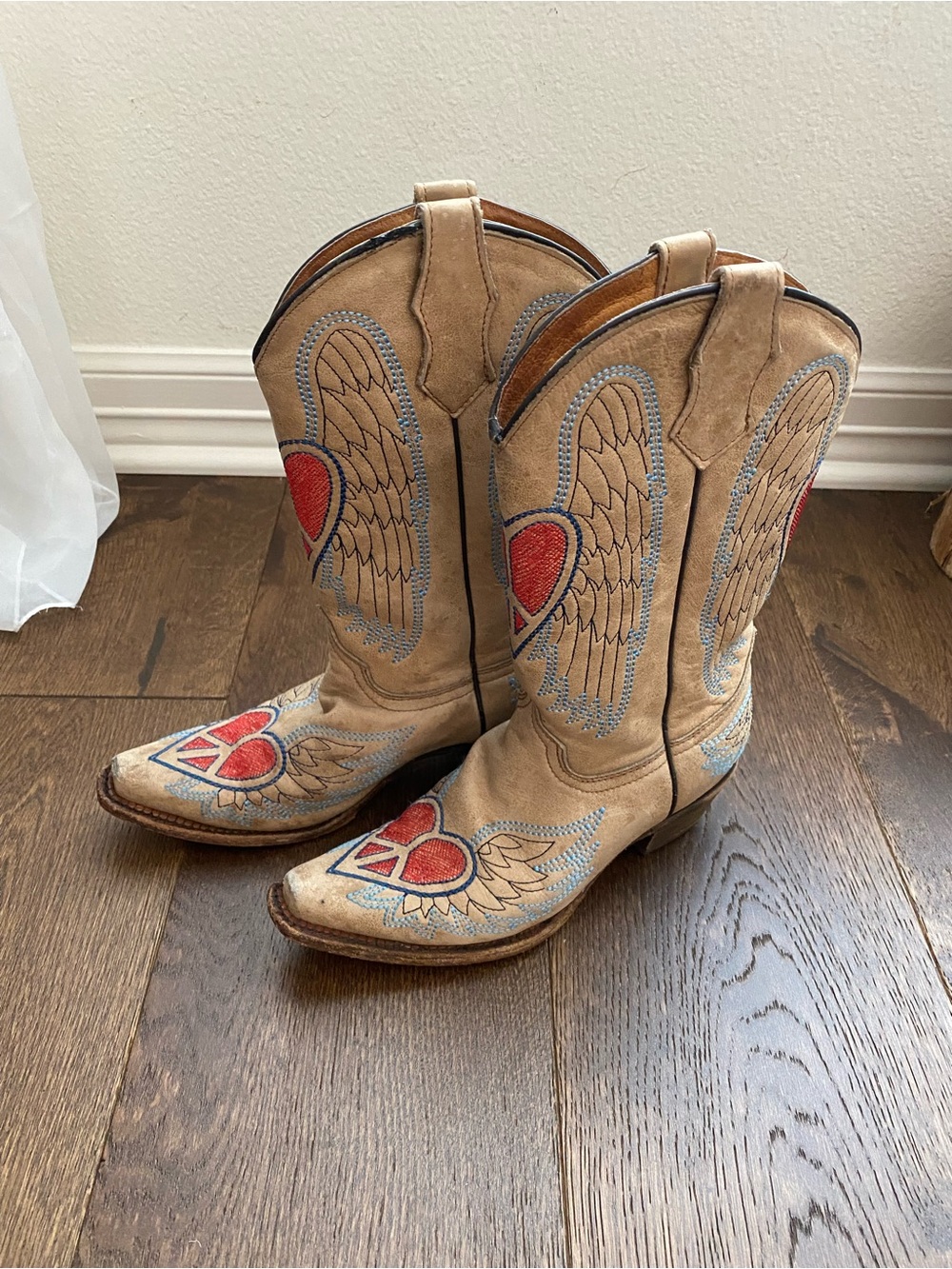 Corral Tan Western Lace-Up Boots with Red Heart & Blue Wing Embroidery
